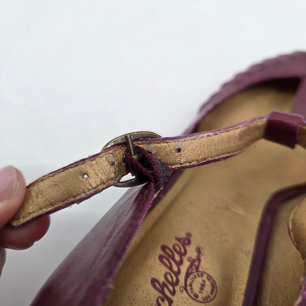 Seychelles Duchess 8.5 Plum Purple Leather Peep-Toe T-Strap Heels Stacked Heels - Picture 6 of 6